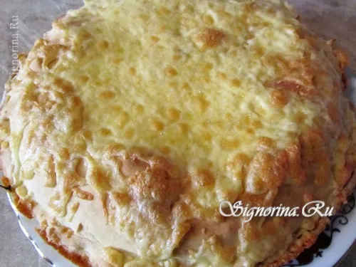 Пирог из блинов с грибами и курицей